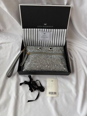NWT Anya Hindmarch Silver Glitter Circulus Eyes Clutch Wristlet Pouch Bag